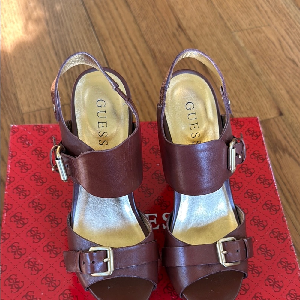 GUESS Brown Leather Buckle Slingback Heels